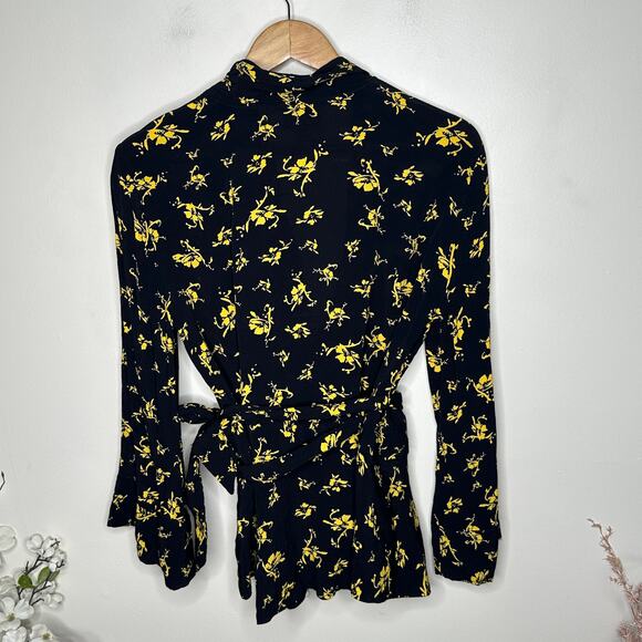 GANNI Floral Crepe Bell Sleeve Wrap Ruffle Top Black Yellow Sz 44/XL $345 {M17} - Picture 5 of 8